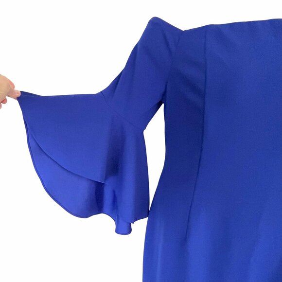 Calvin Klein Off-Shoulder Sheath Blue Dress Size 14 Ruffled 3/4 Sleeves EUC - Picture 6 of 14